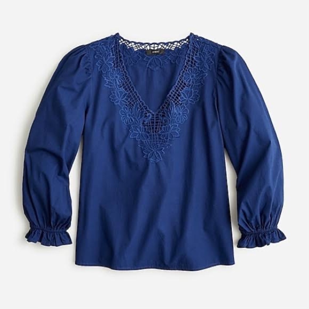 NWT$110 J. Crew V-Neck with eyelet trim blouse, top, cotton, blue, XS, 18” PTP